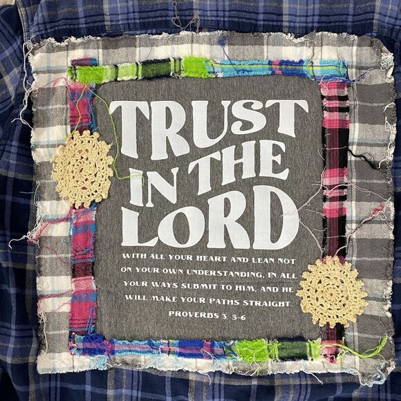 Christian Religious Flannel Shirt Womens 1X Shacket Upcycled Art Cottage Blue - Picture 8 of 16